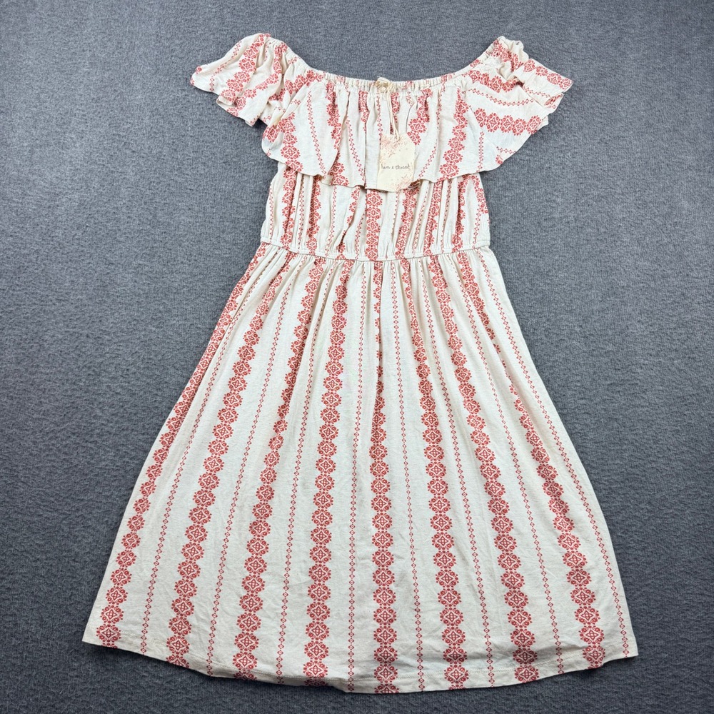 Hem & Thread‎ Off Shoulder Boho Dress S Small Cream Red Medallion Stripe Ruffle